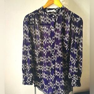 Zara Purple Pattern Semi Sheer Long Sleeve Blouse with Mandarin Collar Size S